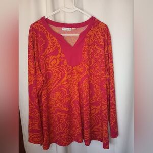 Susan Graver Liquid Knit Tunic Top 1X Pink Orange Tropical Resortwear Artsy